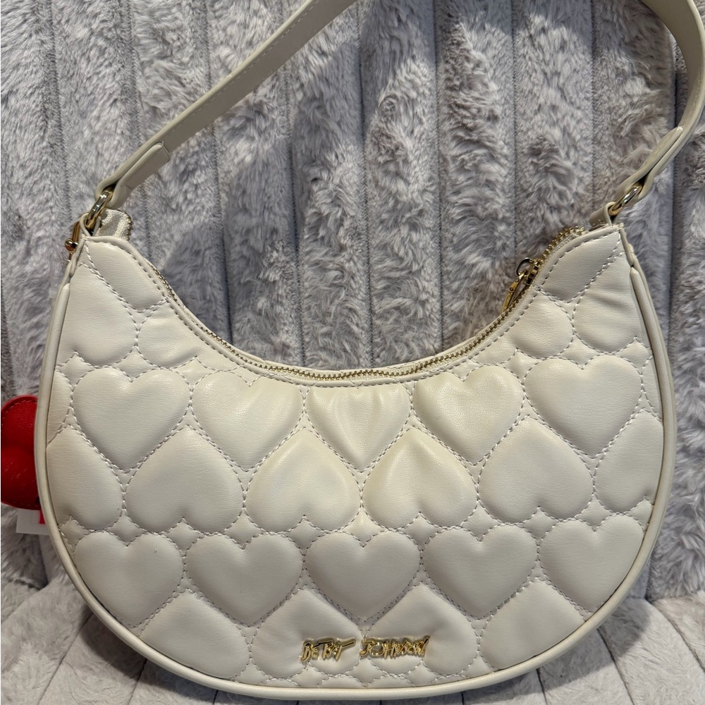 Betsey Johnson White Quilted Heart Crescent Shoulder Bag